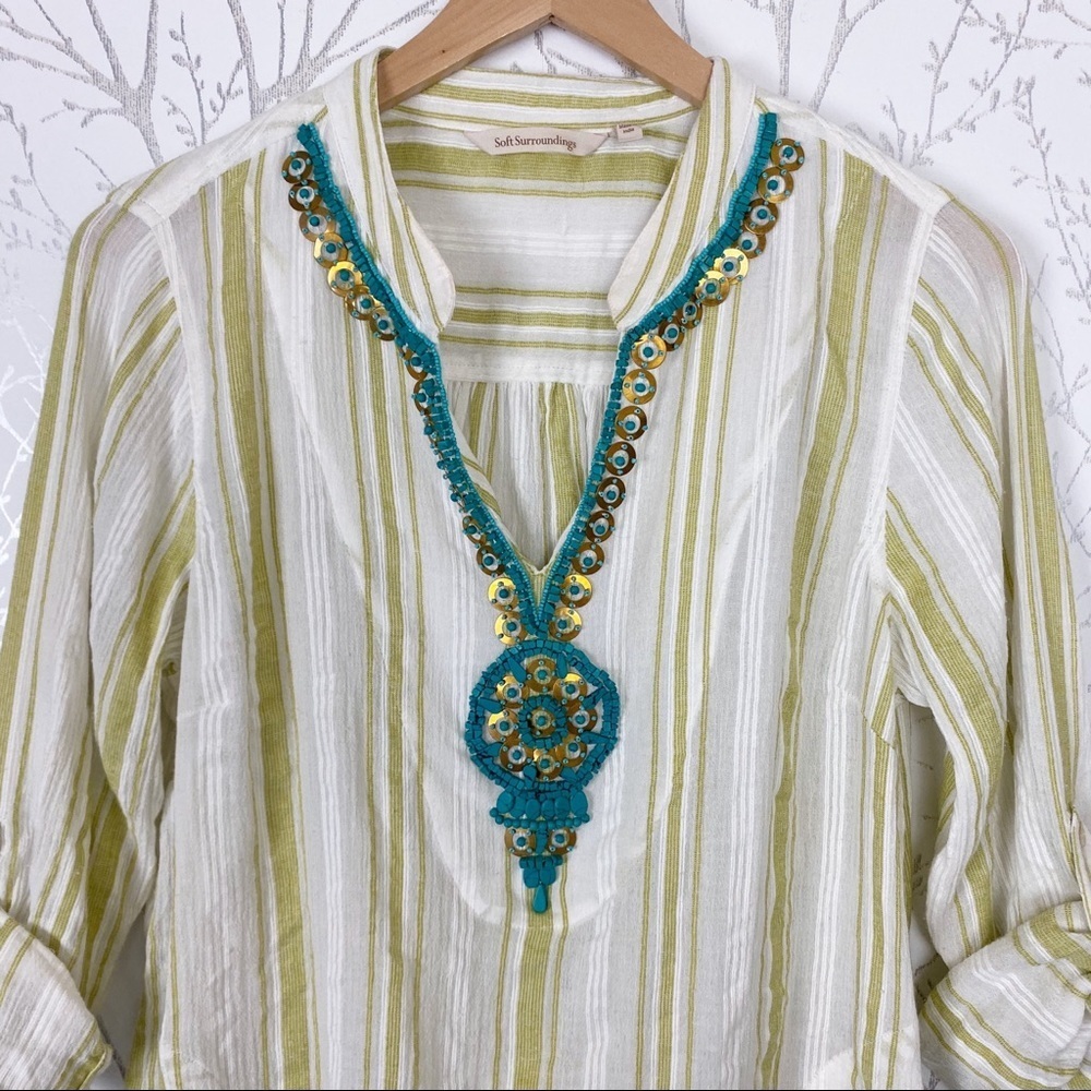 SOFT SURROUNDINGS Elisha Turquoise Beaded Cotton Stripe Tunic Top Blouse M - Picture 7 of 15